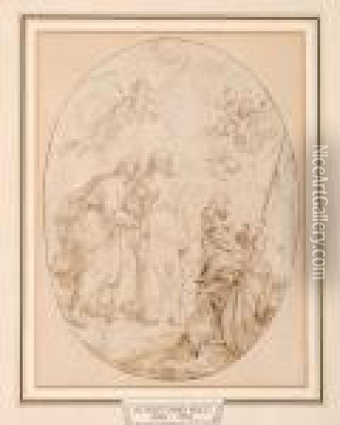 Three Male Figures With Anangel And Cherubs Oil Painting - Sebastiano Ricci