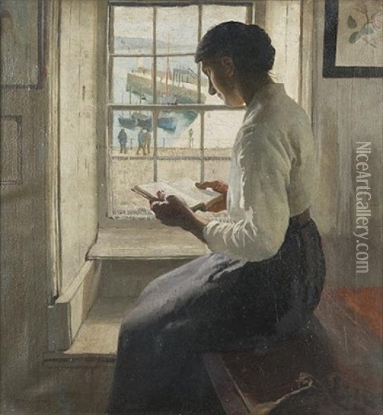 The New Book Oil Painting - Harold Harvey