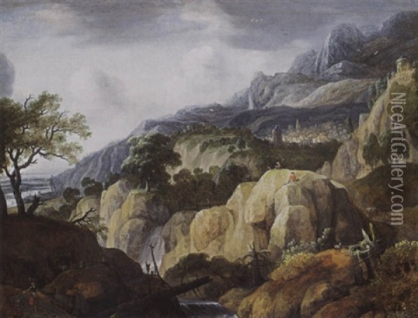 A Mountainous Landscape With Travellers On A Path Near A Waterfall And A Draughtsman On A Rock, A Town Beyond Oil Painting - Jacob De Villeers
