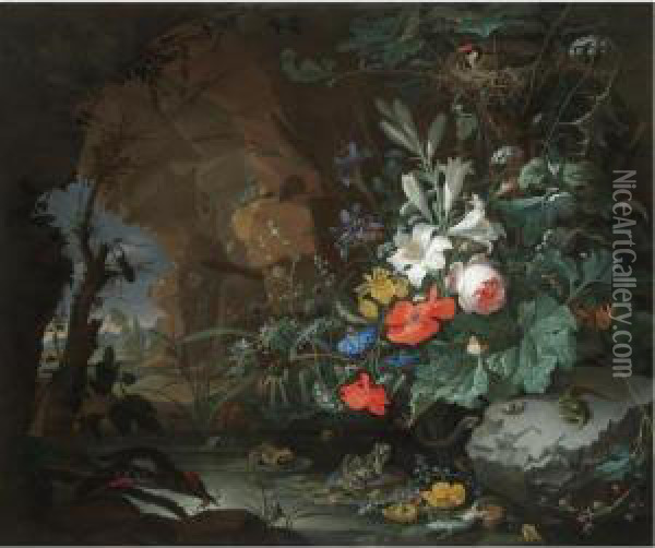 The Interior Of A Grotto With A 
Rock-pool, Frogs, Salamanders, A Bird's Nest And A Large Bouquet Of 
Flowers Including Poppies And Lilies, A View Of A Landscape Through The 
Cave Opening Beyond Oil Painting - Abraham Mignon