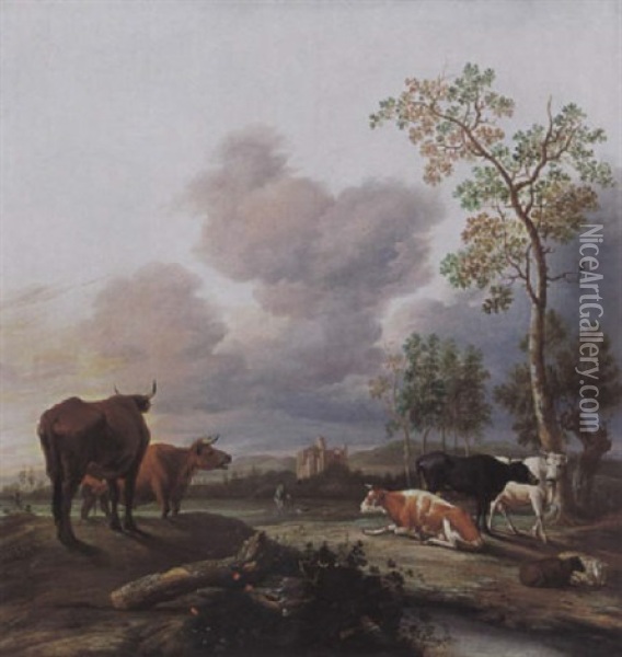 A Landscape With Cows And Sheep Resting Under A Tree, A Huntsmen And His Dogs Nearby, A Ruined Castle And Mountains Beyond Oil Painting - Anthonie Van Borssom