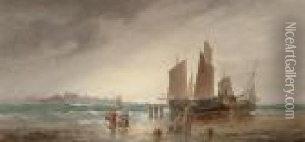 Coastal Scene With Fisherfolk Oil Painting - William A. Thornley Or Thornber