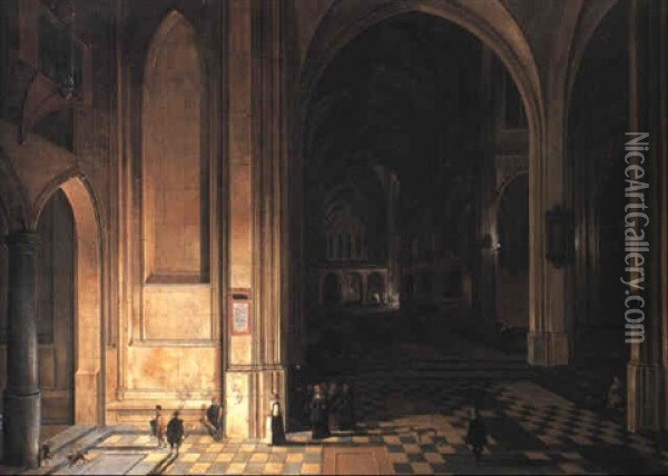 Interior Of A Cathedral Looking East With A Procession Of Gentlefolk Oil Painting - Peeter Neeffs the Elder