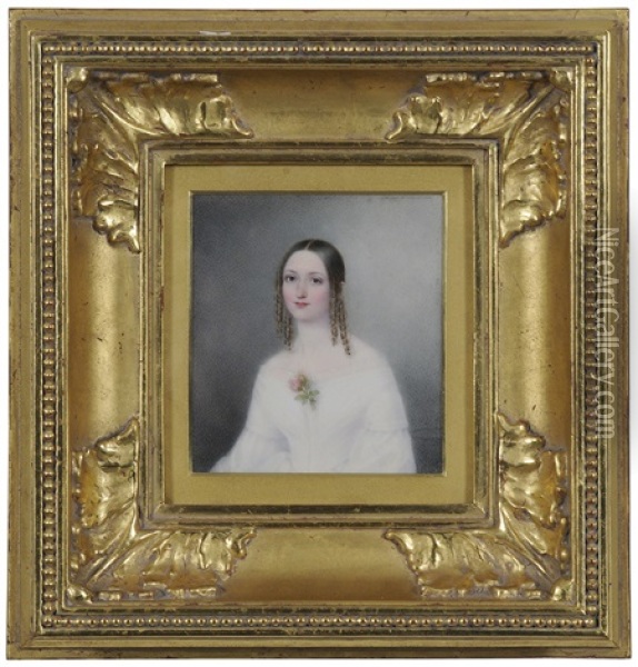 Portrait Miniature Of A Young Woman In A White Gown Oil Painting - Ann Hall