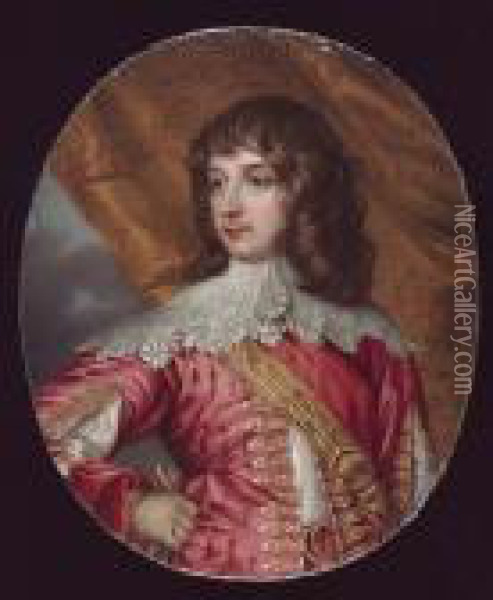 William Russell, 1st Duke And 
5th Earl Of Bedford (1613-1700), Wearing Pink Doublet Slashed To Reveal 
White, Wide White Lace Collar, Gold Sword Belt Across His Chest, 
Embroidered Curtain Background Oil Painting - Henry Pierce Bone