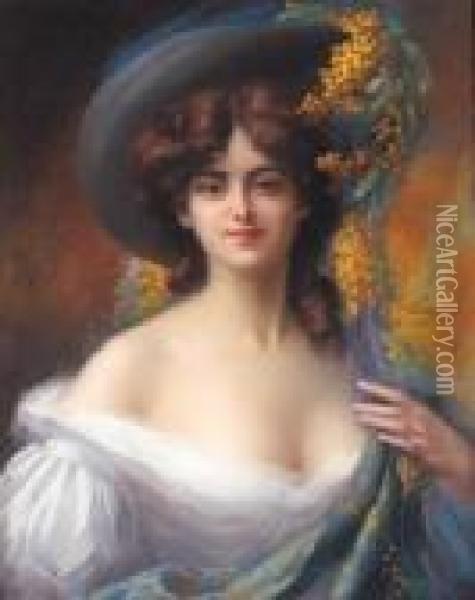 A Young Beauty In A Hat Decorated With Yellow Flowers Oil Painting - Delphin Enjolras
