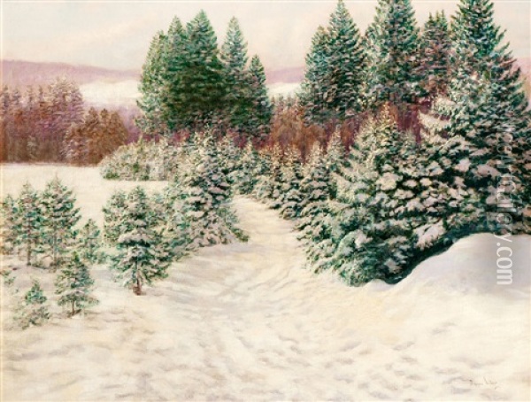 Verschneite Winterlandschaft Mit Tannen Oil Painting - Victor Olgyai