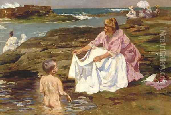 Mother and Child at the Beach Oil Painting - Julio Vila y Prades