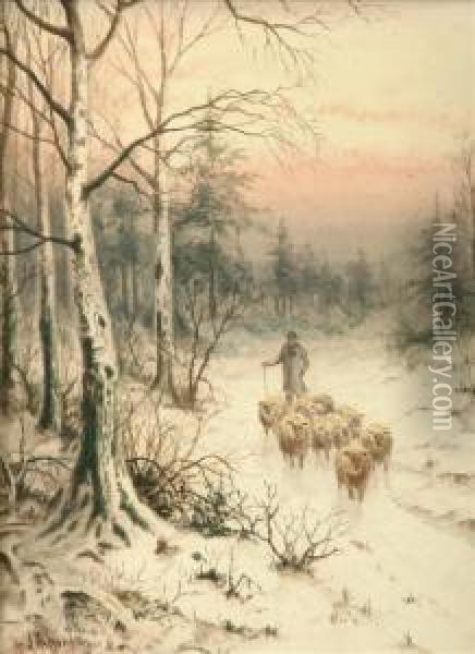 Sheep Andshepherd In A Snowy 
Lane Horses And Figure On A Snowy Road Coachand Horses Outside A Tavern 
In The Snow Three Oil Painting - Joseph Halford Ross