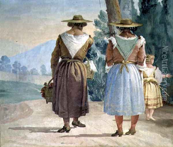 Two Peasant Women and a Child Seen from Behind, from the Foresteria Guesthouse 1757 Oil Painting - Giovanni Domenico Tiepolo