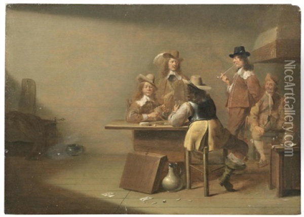 Soldiers Smoking And Playing Cards In An Interior Oil Painting - Jan Olis