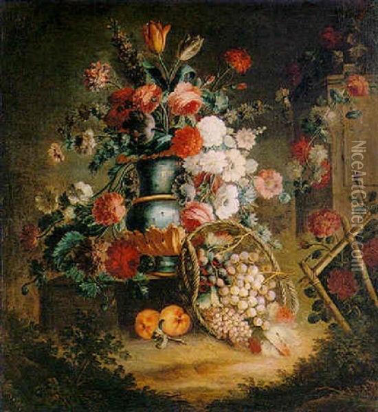 Still Life Of Various Flowers In A Vase, Peaches And A Basket Full Of Grapes, Leaning On A Stone Plinth In A Rose-garden Oil Painting - Michele Antonio Rapous