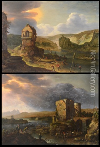 Vue Du Rhin, Paysage Avec Ruines (pair) Oil Painting - Herman Saftleven