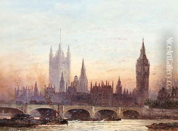 A View Of Westminster From The Thames Oil Painting - Frederick E.J. Goff
