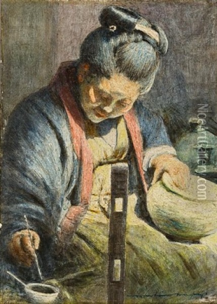 A Japanese Woman Decorating A Pot Oil Painting - Mortimer Luddington Menpes