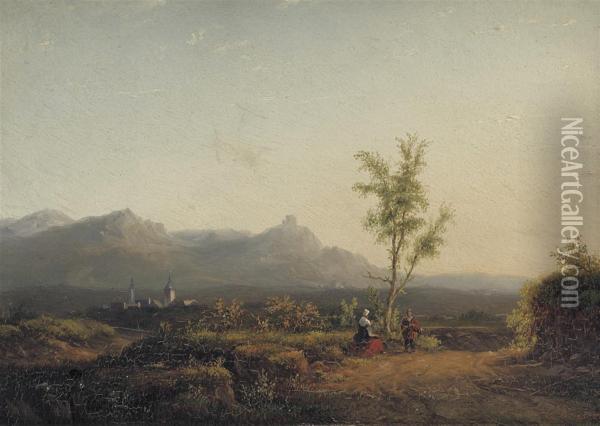 Travellers In An Extensive Landscape Oil Painting - Carl Eduard Ahrendts