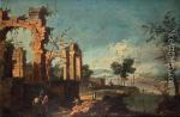 Landscape With Ruins And Figure Staffage Oil Painting - Giovanni Niccolo Servandoni