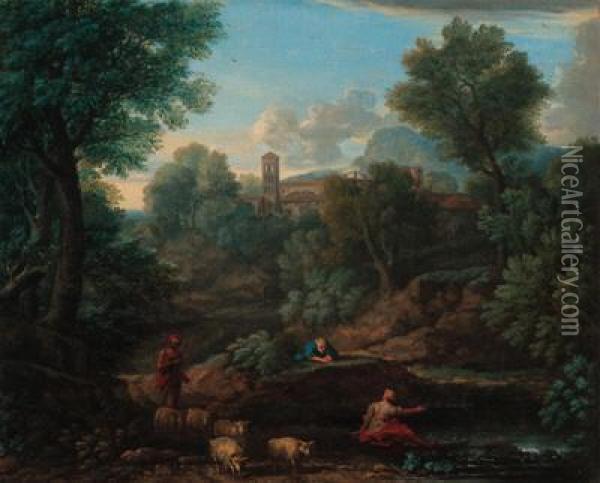 A Landscape With A Shepherd And Sheep At A Stream, A Villagebeyond Oil Painting - Jan Frans Van Bloemen (Orizzonte)