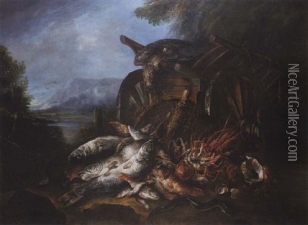 A Dead Falcon On A Barrow, Cod, Red Mullet, An Eel And Other Fish, A Crab, A Conch Shell And Scallop Shells On The Bank Of An Estuary Oil Painting - Felice Boselli