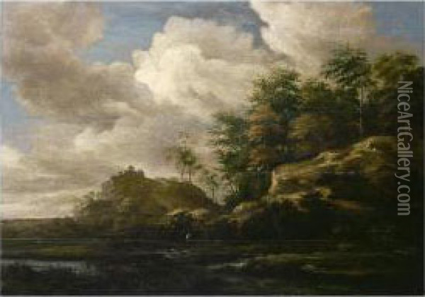 River Landscape With A Fisherman And A Traveller And His Dog Oil Painting - Jacob Salomonsz. Ruysdael