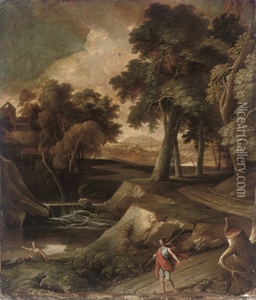 An Italianate Wooded River Landscape Oil Painting - Andrea Locatelli