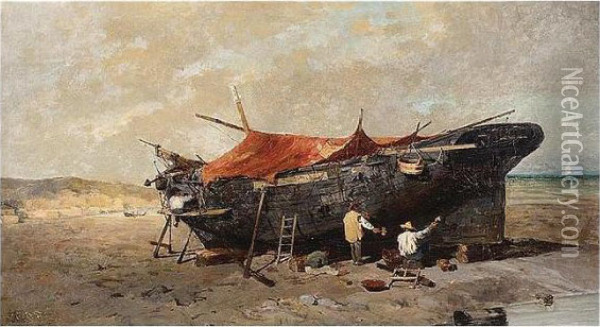 Repairing The Boat Oil Painting - Constantinos Volanakis