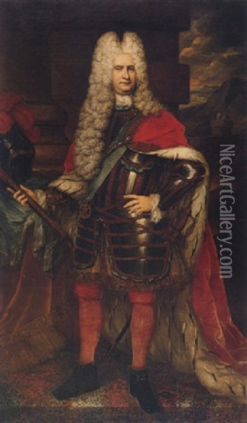 Portrait Of A Gentleman Wearing The Order Of The Thistle, In Armour And A Red Velvet Ermine Lined Cloak, Holding A Marshall's Baton Oil Painting - Johannes Vollevens the Younger