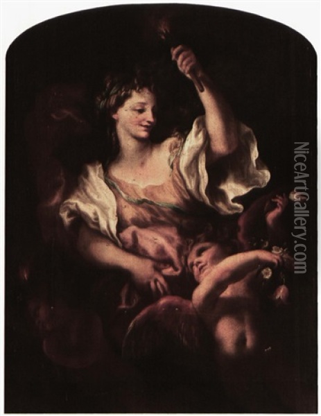 An Allegory With A Classically Dressed Female Figure Holdingtorch & 2 Putti, Possibly An Allegory Of The Element Of Fire Oil Painting - Domenico Piola
