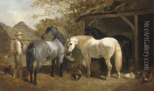 A Farmhand, Horses, Chickens And Ducks In A Farmyard Oil Painting - Henry Woollett