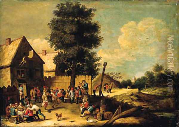 A peasant couple dancing to the music of a bagpiper, standing on a barrel, with other peasants merrymaking, ouside an inn Oil Painting - David The Younger Teniers