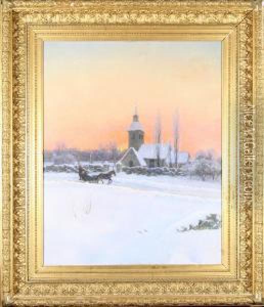 Vinterlandskap Med Kyrka Och Sladekipage Oil Painting - Erik Abrahamsson