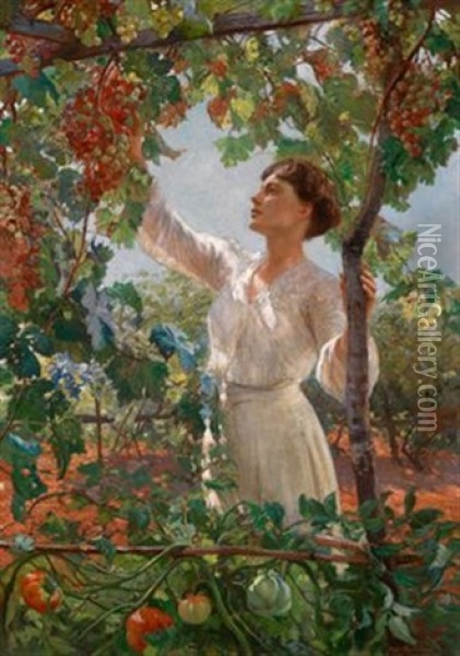 Junge Frau In Einer Weinlaube Oil Painting - Hugo Charlemont