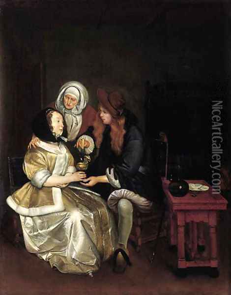 An elegant couple attended by a procuress Oil Painting - Gerard Ter Borch