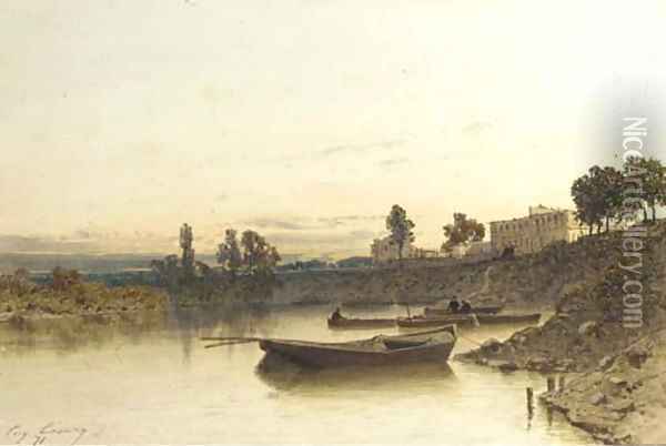 Boats on the river, a house on the riverbank beyond Oil Painting - Eugene Ciceri