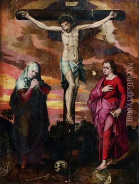Le Christ En Croix Entre La Vierge Marie Et Saint Jean L'evangeliste Oil Painting - Michiel Coxie the Elder