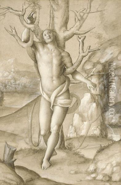 Saint Sebastian In An Extensive Landscape Oil Painting - Gerolamo Giovenone