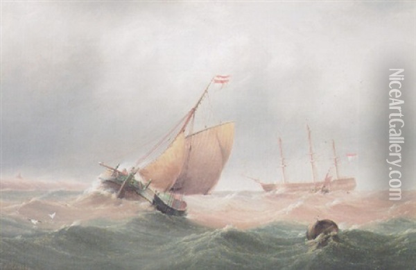 A Dutch Merchantman Riding At Anchor In A Heavy Swell As A Barge Heads For Shore Oil Painting - Edward King Redmore