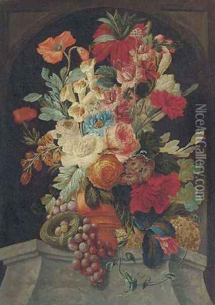 Mixed flowers in an urn on a ledge with grapes and a bird's nest Oil Painting - Jan van Os
