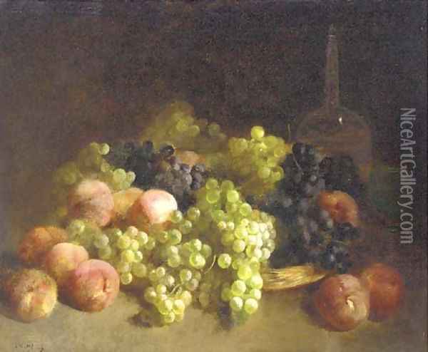 Peaches, white grapes, black grapes, a glass and a decanter Oil Painting - Louis Mettling