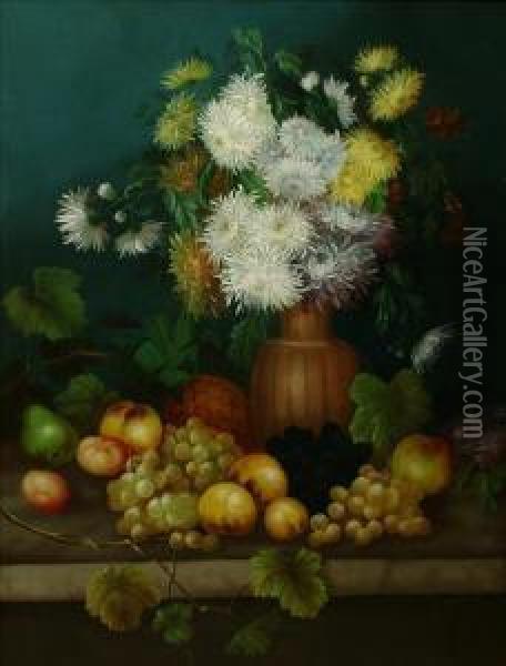 Still Life Of Fruitand Chrysanthemums In A Vase Oil Painting - Edwin Steele