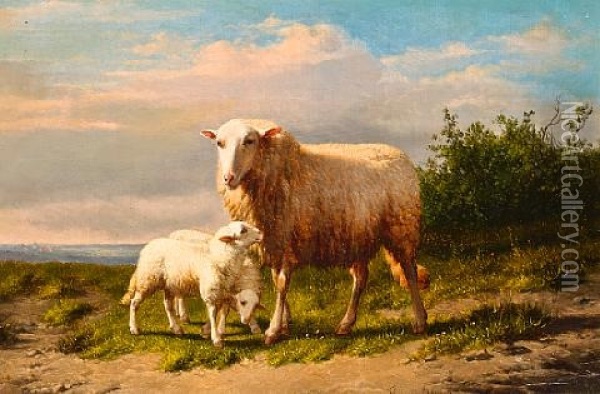 An Ewe And Two Lambs In A Landscape Oil Painting - Theo van Sluys