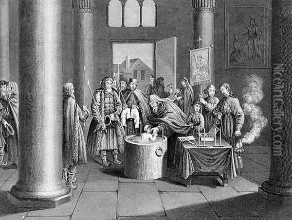 Baptism According to the Greek Church in Russia, engraved by W. Forrest, from World Religion, published by A. Fullarton and Co. Oil Painting - Picart