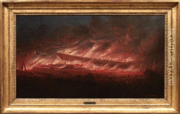 Navire En Feu Dans La Rade Oil Painting - Louis-Honore-Frederic Gamain