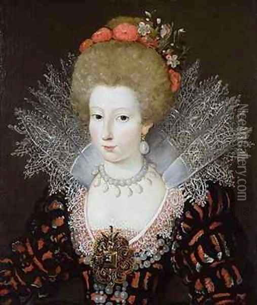 Portrait of a lady in a high lace collar and jewelled silk costume Oil Painting - Marguerite Bunel