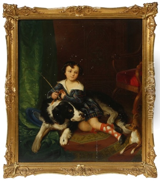 Young Boy Wearing Blue Tartan In An Interior With Two Dogs Oil Painting - Alexander Clarot