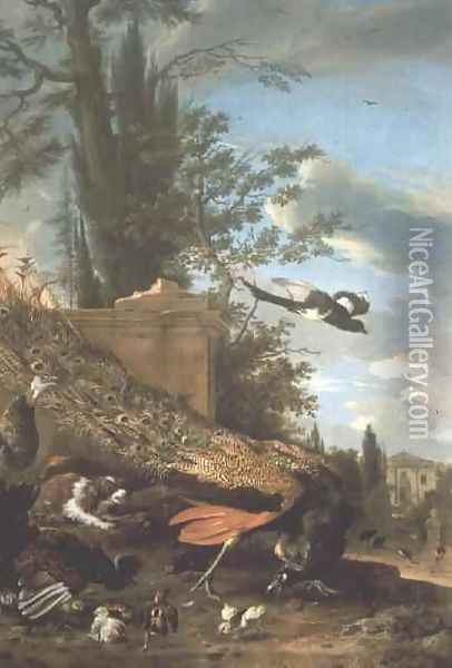 A Peacock and a Spaniel in the Garden of a Villa Oil Painting - Melchior de Hondecoeter