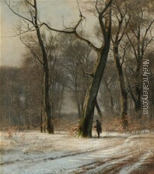 A Winter Scenery With A Hunter Looking At Two Deers Oil Painting - Frederik Niels Martin Rohde