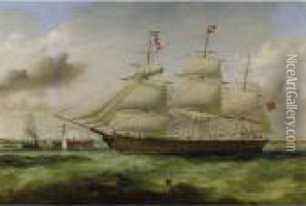 Clipper Ship In A Harbor Oil Painting - Thomas Buttersworth