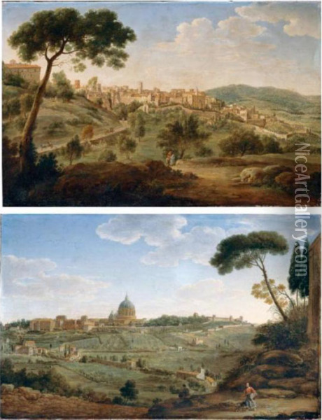 A View Of A Hilltop Town In The Roman Campagna;
 A View Of Saint Peter's Basilica And The Vatican Oil Painting - Hendrik Frans Van Lint