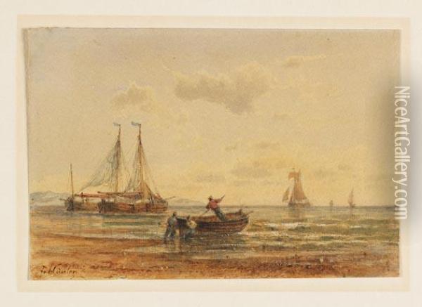 Segel- Und Ruderboote Am Strand Oil Painting - Franz Johann (Wilhelm) Hunten